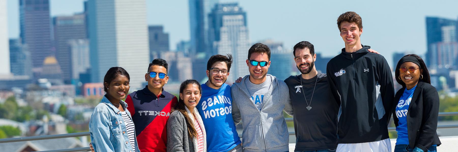 International students in front of Boston skyline
